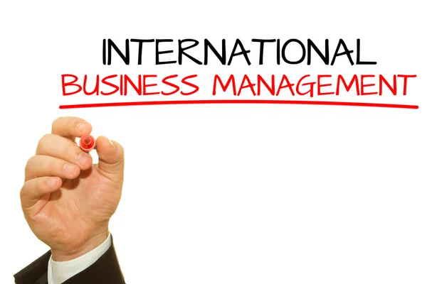 Abgeschnittene Aufnahme Eines Geschäftsmannes Der Die Inschrift International Business Management — Stockfoto