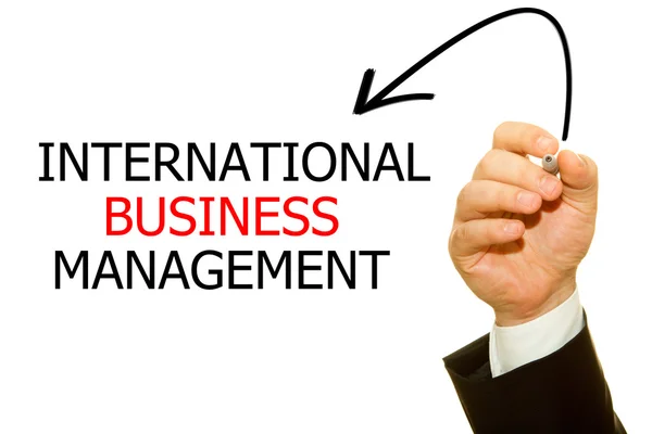 Abgeschnittene Aufnahme Eines Geschäftsmannes Der Die Inschrift International Business Management — Stockfoto
