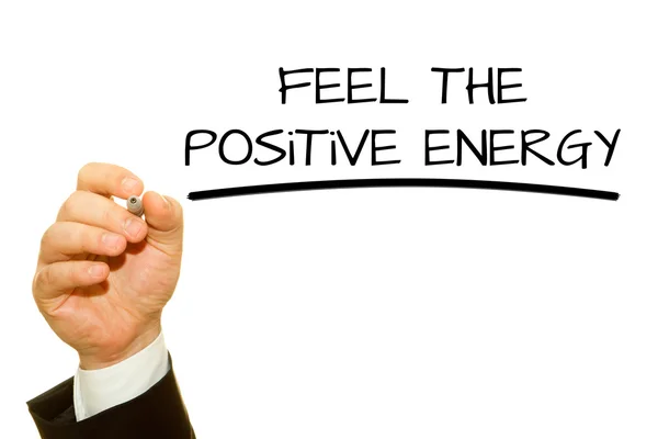 Обрезанный Снимок Бизнесмена Написания Чувствовать Положительную Энергетическую Надпись Изолированы Белом — стоковое фото