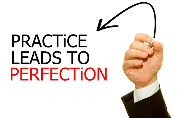 Cropped Shot Businessman Writing Practice Leads Perfection Inscription Isolated White — Stock Photo, Image