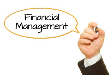 Finansal Yönetim yazıt üzerinde beyaz izole yazma işadamı kırpılmış atış