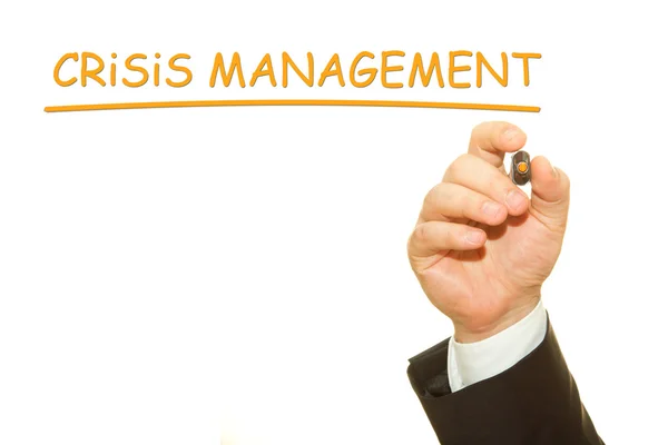 Cropped Shot Businessman Writing Crisis Management Inscription Isolated White — Stock Photo, Image