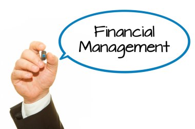 Finansal Yönetim yazıt üzerinde beyaz izole yazma işadamı kırpılmış atış