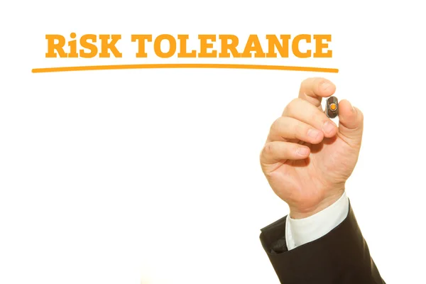 Cropped Shot Businessman Writing Risk Tolerance Inscription Isolated White — Stock Photo, Image