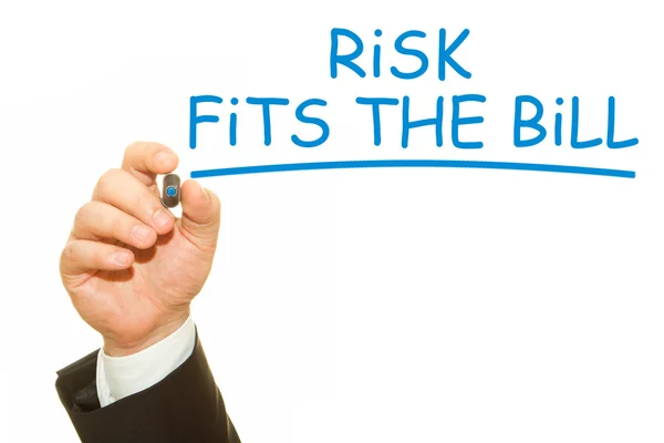 Cropped Shot Businessman Writing Risk Fits Bill Inscription Isolated White — Stock Photo, Image