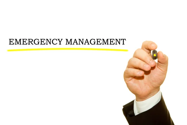 Cropped Shot Businessman Writing Emergency Management Inscription Isolated White — Stock Photo, Image