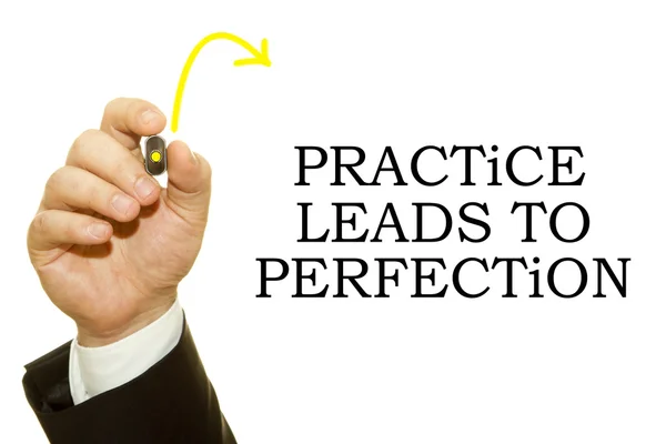 Cropped Shot Businessman Writing Practice Leads Perfection Inscription Isolated White — Stock Photo, Image