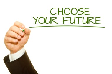 İşadamı el seçin Your gelecek bir şeffaf silme gemide yazma