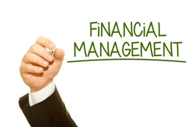 Finansal Yönetim yazıt üzerinde beyaz izole yazma işadamı kırpılmış atış