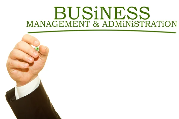 Empresário mão escrita Gestão de Negócios e Administração em um painel de limpeza transparente — Fotografia de Stock