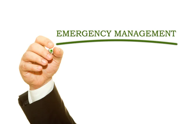 cropped shot of businessman writing emergency management inscription isolated on white