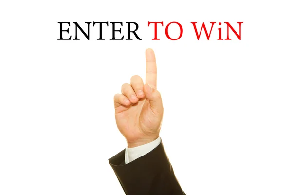 Cropped Shot Businessman Pointing Enter Win Inscription Isolated White — Stock Photo, Image