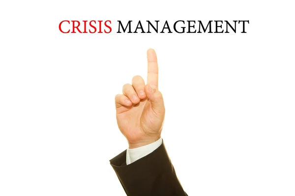 Cropped Shot Businessman Pointing Crisis Management Inscription Isolated White — Stock Photo, Image