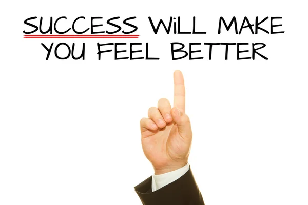 cropped shot of businessman pointing at success will make you feel better inscription isolated on white