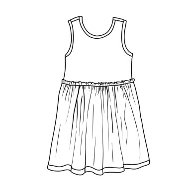 A clean black and white sketch of a sleeveless dress. The bodice is fitted, and the skirt is gathered at the waist, creating soft pleats.