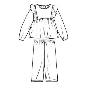 Flat sketch of two different styles of long-sleeved tops and matching leggings for children line art vector illustration