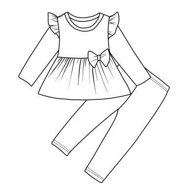 Flat sketch of two different styles of long-sleeved tops and matching leggings for children line art vector illustration