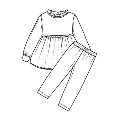 A black and white line art illustration of a girls clothing set. The outfit includes a long sleeve babydoll top with a ruffled neck and matching pants. Isolated vector sketch for fashion design.