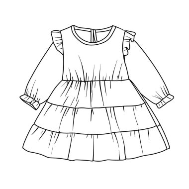 A black and white line art illustration of a girls clothing set. The outfit includes a long sleeve babydoll top with a ruffled neck and matching pants. Isolated vector sketch for fashion design.
