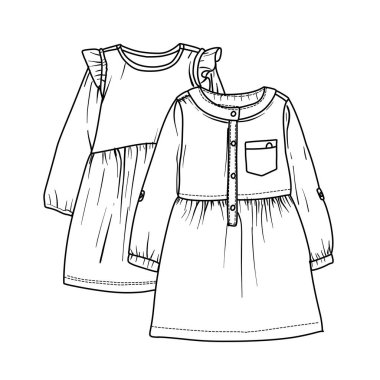 A black and white line art illustration of a girls clothing set. The outfit includes a long sleeve babydoll top with a ruffled neck and matching pants. Isolated vector sketch for fashion design.
