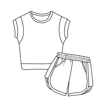 Basit bir kolsuz bluz ve koşu şortu da dahil olmak üzere sportif bir spor kıyafetinin minimalist bir çizimi..