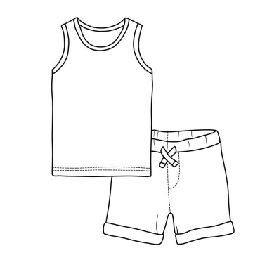 Çocuk kolsuz bluzunun basit bir çizgisi ve şort seti, tasarım şablonları için mükemmel..