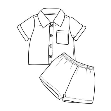 Kısa kollu, yakalı, düğmeli, cebi ve aynı bel altı şortu olan bir gömleğin yer aldığı iki parçalı bir erkek bebeğin basit bir siyah-beyaz çizgili sanat çizgisi çizimi.