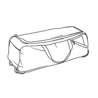 Yuvarlanan bir kriket çantasının siyah beyaz çizgili bir çizgisi. Bu basit taslak, tekerlekleri, fermuarı ve yan cebi olan dikdörtgen bir seyahat çantasını gösteriyor..