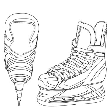 Buz patenlerinin dizaynını ve yapısını gösteren karmaşık bir çizim, hem önden hem de yandan bakan bir perspektife sahip..