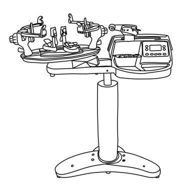 Tenis raketi dizme makinesinin detaylı çizimi kıskaç sistemini ve ayarlanabilir duruşu gösteriyor..