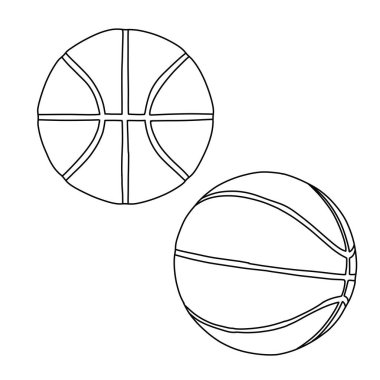 Renkli sayfalar, eğitim materyalleri veya spor temalı tasarımlar için mükemmel iki basketbol topunun yer aldığı basit bir siyah beyaz çizim..
