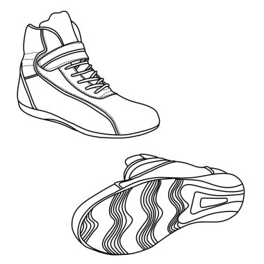 Ayrıntılı yarış ayakkabıları çizimi, bağcıklı ve kayışlı üst tasarım. Taban, kavrama ve performans için karmaşık bir şekilde desenlenmiş..