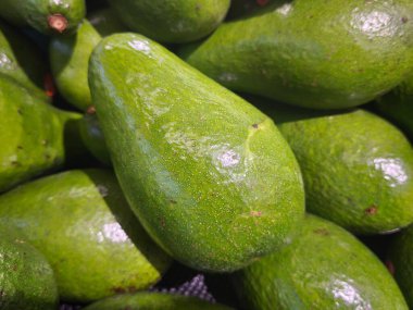 Yakın plan çekimde taze, yeşil avokadolar sergilenir. Pürüzsüz ciltlerini ve canlı renklerini vurgular. Tazelik ve doğal güzelliği gösterir..