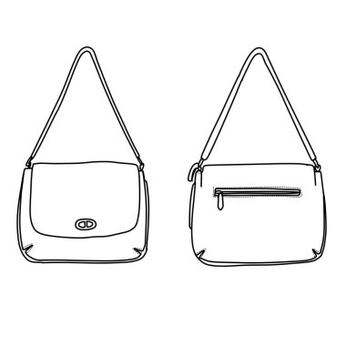 Bir omuz çantasının ayrıntılı çizgisi çizimi, hem önü hem arkası fermuarlı bir tokayla gösteriliyor..