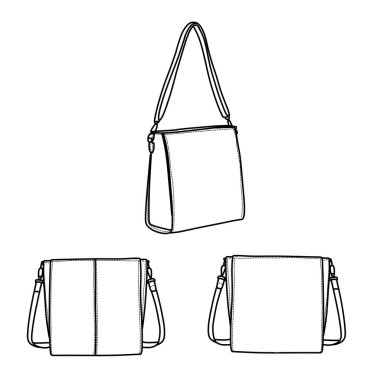 Bir omuz çantasını farklı açılardan gösteren ayrıntılı çizgiler. Kapsamlı tasarım perspektifi için ön, arka ve yan görünümleri içerir.
