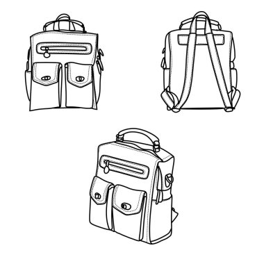 Sırt çantasının el yapımı üç çizimi. Ön görünümü, kemerli arka görünümü ve üç çeyrek kenar görüntüsünü içerir.