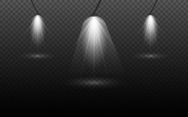 Karanlık manzaralı, dumanlı, ışık ve parçacıklardan oluşan gerçekçi bir spot lambası bileşiminin vektör çizimi.