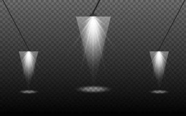 Karanlık manzaralı, dumanlı, ışık ve parçacıklardan oluşan gerçekçi bir spot lambası bileşiminin vektör çizimi.