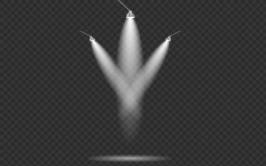 İzole ışık efektleri seti. Şeffaf bir arkaplanda beyaz parlayan spot ışığı.