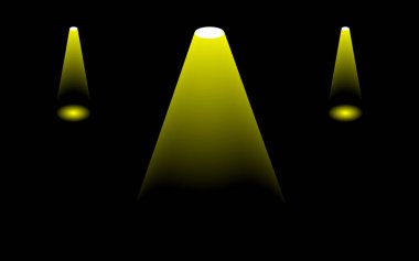 Bir vektör illüstrasyonunda asılı ampul, ışın ve parçacıkların olduğu bir spot lambasının gerçekçi bileşimi