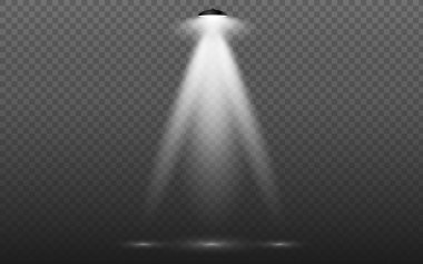 Karanlık manzaralı, dumanlı, ışık ve parçacıklardan oluşan gerçekçi bir spot lambası bileşiminin vektör çizimi.