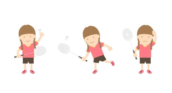 Badminton joueur femme action ensemble isolé sur fond blanc — Image vectorielle