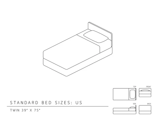 Bize Standart yatak boyutları (Amerika Birleşik Devletleri) İkiz boyutu 39 x 75 inç perspektif 3d izometrik boyutu üst ön ve arka görünüm illüstrasyon anahat siyah ve beyaz renk ayarlayın