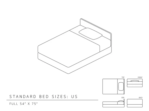 Bize Standart yatak boyutları (Amerika Birleşik Devletleri) Tam boy 54 x 75 inç perspektif 3d izometrik boyutu üst ön ve arka görünüm illüstrasyon anahat siyah ve beyaz renk ayarlayın