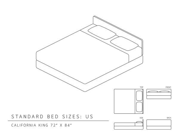 Bize Standart yatak boyutları (Amerika Birleşik Devletleri) California King boyutu 72 x 84 inç perspektif 3d izometrik boyutu üst ön ve arka görünüm illüstrasyon anahat siyah ve beyaz renk