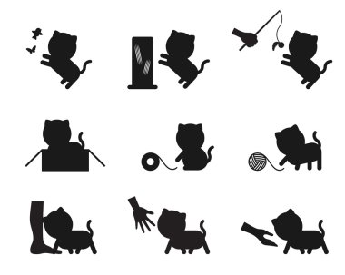 Kedi oyun aksiyon hikaye siluet simgeler illüstrasyon piktogram ayarla