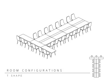 Toplantı odası kurulum düzeni yapılandırma Sıd şekil izometrik stil, perspektif 3d üst görünüm illüstrasyon anahat siyah ve beyaz renk