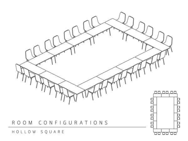 Toplantı odası kurulum düzeni yapılandırma Hollow Square izometrik tarzı, üst görünüm illüstrasyon anahat siyah ve beyaz renk perspektifi 3d