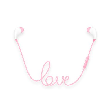 Kablosuz ve uzak, içinde kulak kulaklık kablosu yapılan pembe renk ve sevgi metni yazın