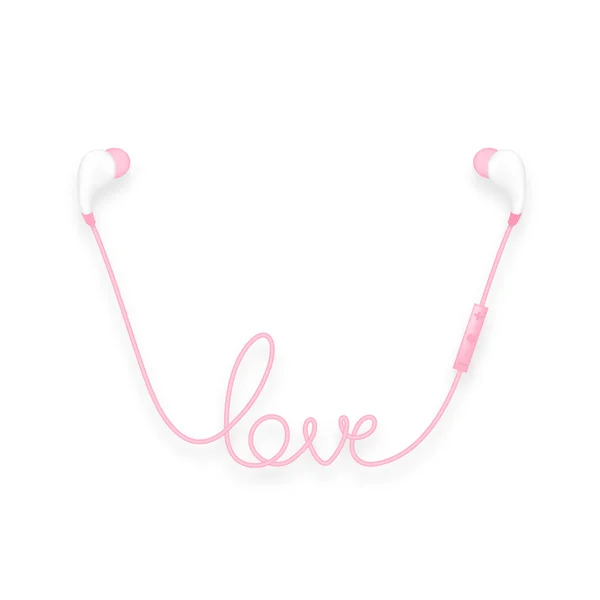 ワイヤレスおよびリモート、耳にイヤホン ケーブルから作られたピンク色と愛のテキストを入力します。 — ストックベクタ